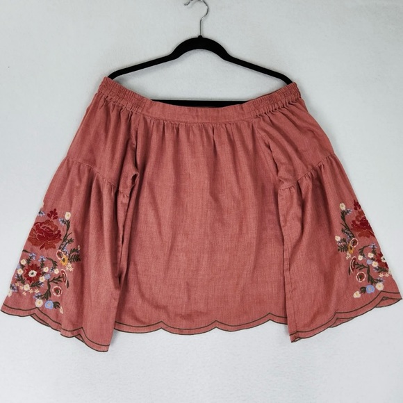 Umgee Off The Shoulder Terracotta Pink Floral Embroidered Bohemian Top. Size S - Picture 1 of 7